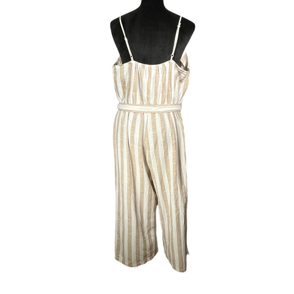 Kensie White Tan Stripe Jumpsuit Cotton Linen Spaghetti Strap Wide Leg Cropped - Picture 6 of 16